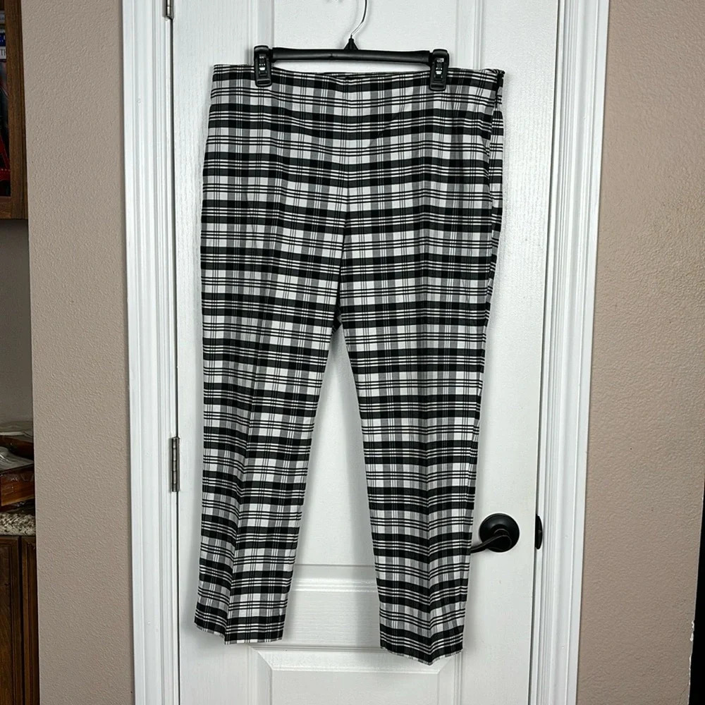 Talbots Petites 14P Blk/White Checkered Side Zip Flat Front Casual Career Pants